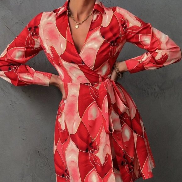 Allover Print Knot Side Wrap Long sleeve Dress red - Picture 6 of 7